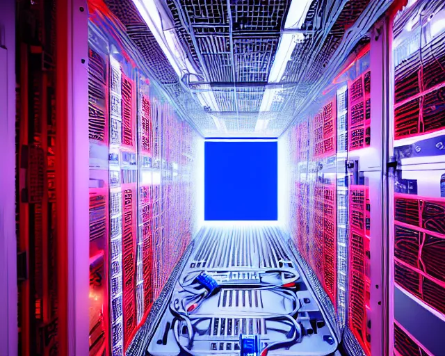 Image similar to datacenter with server in the middle, red laser grid, deep view, heavy blue led lights, wires connected, award winning, extremely detailed, artstation, 8 k, incredible art