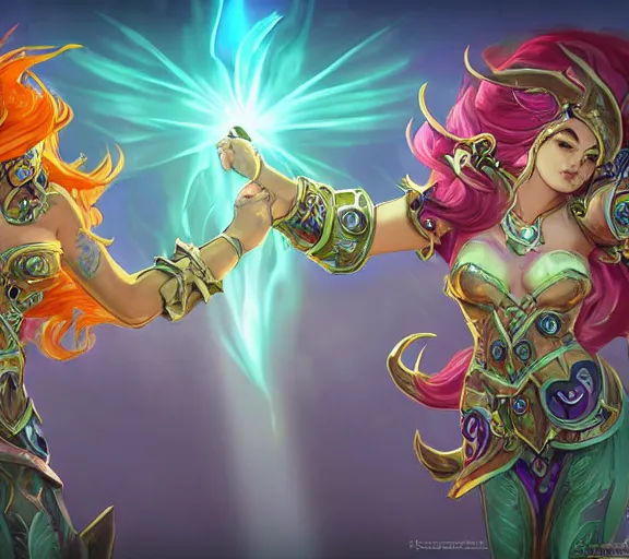 Prompt: two mermaids fistbumping in midair crepuscular rays behind fistbump, whimsical, dungeons and dragons, league of legends splash art, heroes of the storm splash art, hearthstone splash art, world of warcraft splash art, overwatch splash art, art by artgerm, art by alphonse mucha, intricately detailed, highly detailed, trending on artstation,