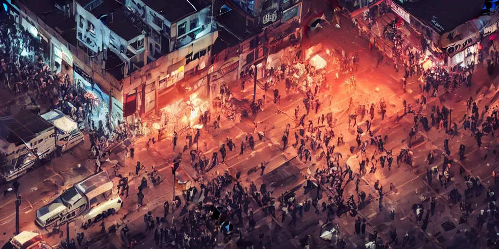 Image similar to aerial isometric photo, riot in a cyberpunk city, police use special equipment against the crowd on a square, high detail art, evening, police sirens in smoke, dark environment