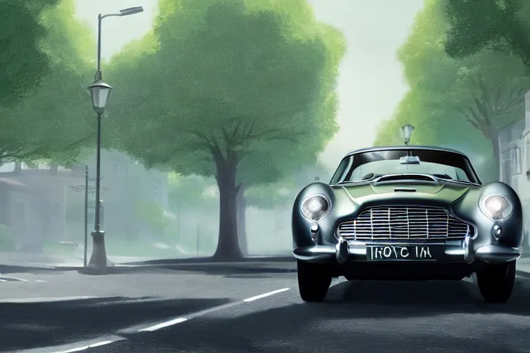 Image similar to a wholesome animation key shot of one focused aston martin db 5, on a residential london street, trees, medium range, studio ghibli, pixar and disney animation, sharp, very detailed, unreal engine 5 render, high resolution, anime key art by greg rutkowski