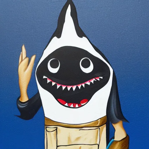 Image similar to Shark in a janitor outfit painting