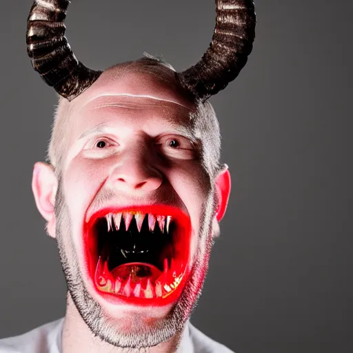 Prompt: a man with small goat horns growing from his head. glowing red eyes and sharp teeth. portrait photography, studio lighting, cinematic, chilling 4 k