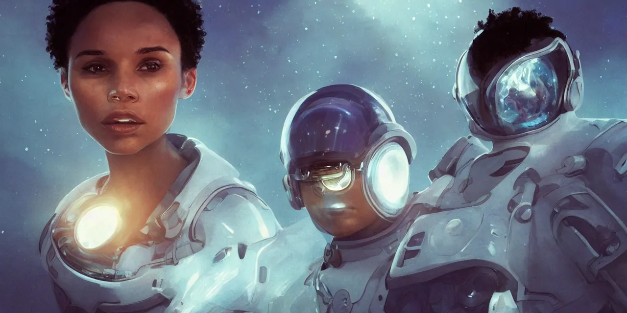 Image similar to Zoe Kravitz with short hair as a futuristic astronaut, helmet with led lights, underwater in the ocean at night, dark water, volumetric lighting, glowing lights, 4k, octane, digital painting, artstation, concept art, sharp focus, illustration, cinematic film still, art by artgerm and greg rutkowski and alphonse mucha , wide angle view,