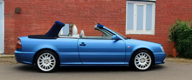 Prompt: Denim Blue Audi A4 B6 Avant Convertible (2002), red interior, soft top, created by Barclay Shaw