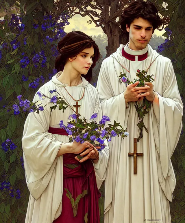 Prompt: two beautiful young catholic priests are in love in the church garden of roses, portrait, intricate, elegant, highly detailed, 20mm film, smooth, sharp focus, art by artgerm and greg rutkowski and alphonse mucha