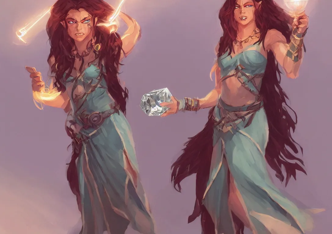 Image similar to half orc half elf woman, beautiful face and small orc tusks, ginger long hair that goes to the floor, holding a glowing diamond, tropical mage dress with high slit, several layers of fabric, character concept art, by ilya kuvshinov, krenz cushart, Greg Rutkowski, trending on pixiv