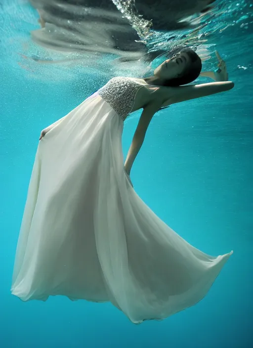 Prompt: long and wide feminine dress underwater