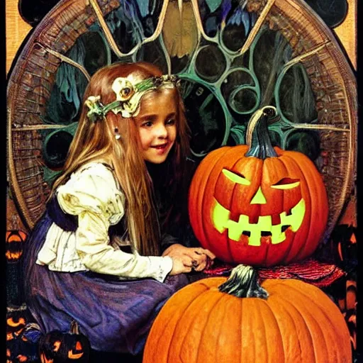 Image similar to a happy little girl with long straight golden blonde hair sitting amidst halloween decor, skulls and pumpkins. beautiful highly detailed face, beautiful painting by alphonse mucha and norman rockwell