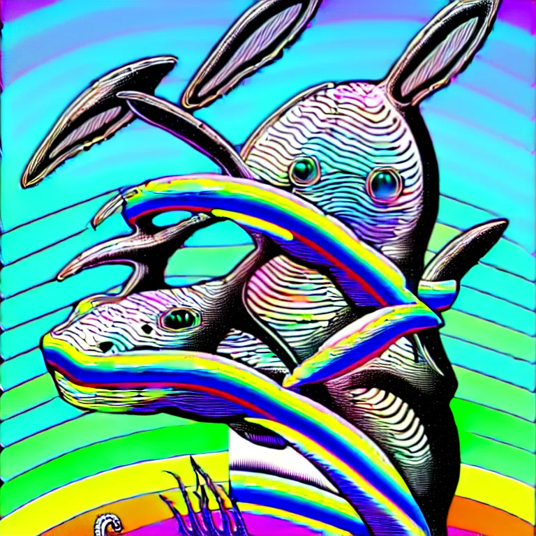 Image similar to a detailed digital art of a bunny disguised as a shark in the style of junji ito and moebius and giger, rainbow color scheme, ornate, photosynthetic,8k,award winning art,