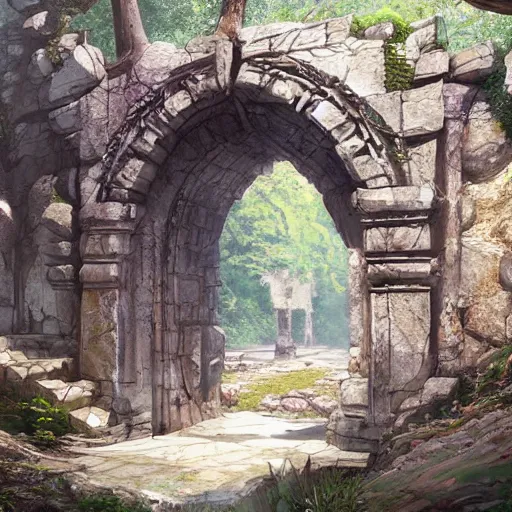 Image similar to concept art painting of an ornate ancient stone archway, in the woods, realistic, detailed, cel shaded, in the style of makoto shinkai and greg rutkowski and james gurney