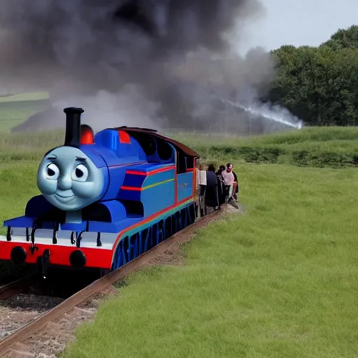 Prompt: thomas the tank engine chasing school children through a field that is on fire