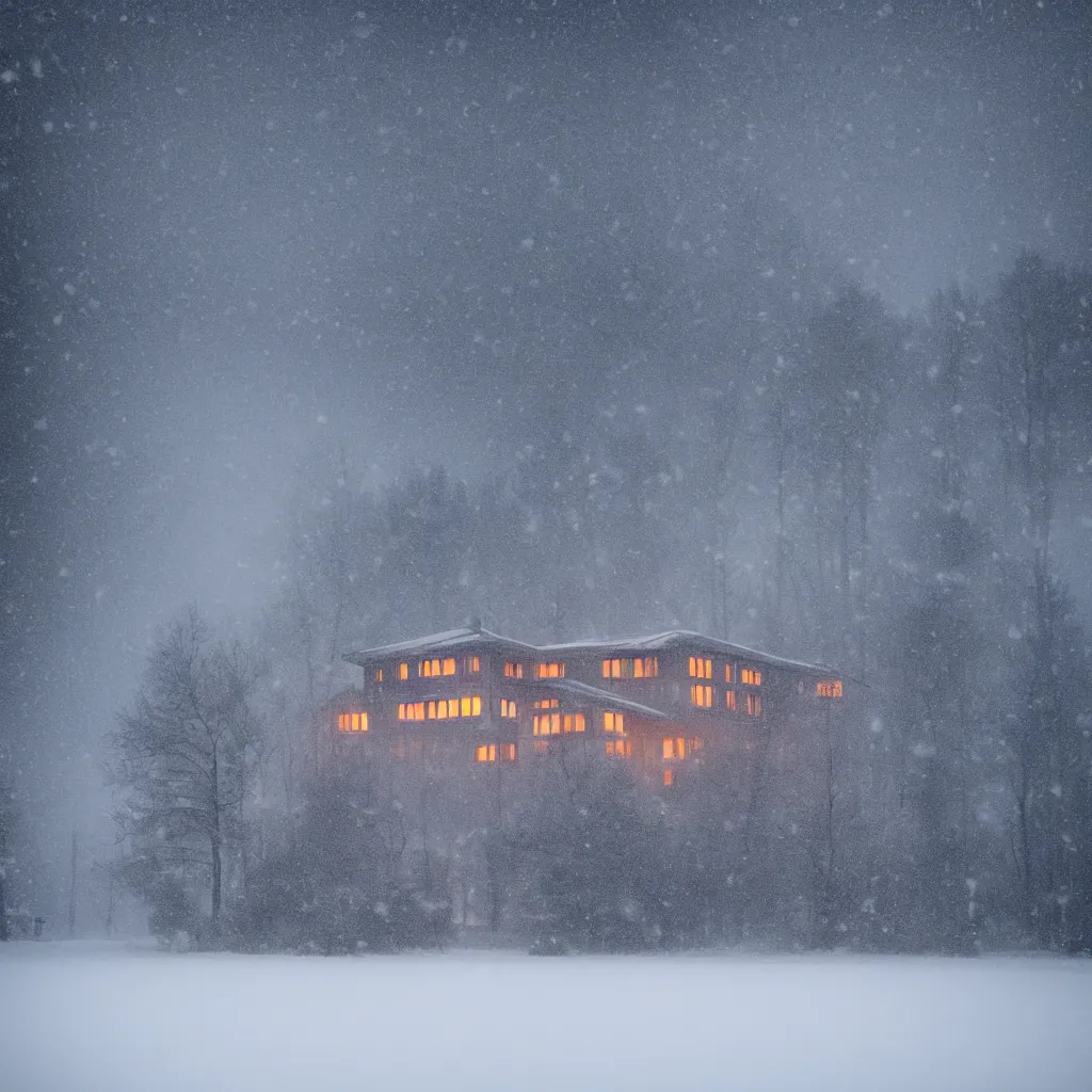 Image similar to landscape with brutalistic soviet architecture style house, near foggy forest and small pond, dark winter evening, snowing, strong, blizzard, atmospheric, mystical, very detailed 4 k, professional photography