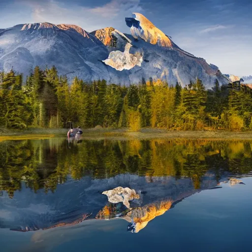 Image similar to photo of two black swans touching heads in a beautiful reflective mountain lake, a colorful hot air balloon is flying above the swans, hot air balloon, intricate, 8k highly professionally detailed, HDR, CGsociety