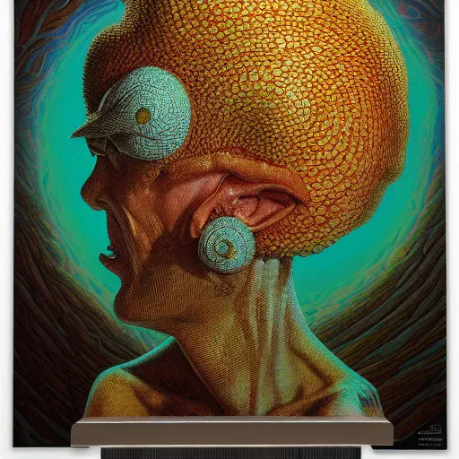 Prompt: lucky fungus labyrinth mohawk scales projector portrait by gaston bussierre and charles vess and james jean and erik jones and rhads, inspired by rick and morty, epic, funny, huge scale, beautiful fine face features, intricate high details, sharp, ultradetailed