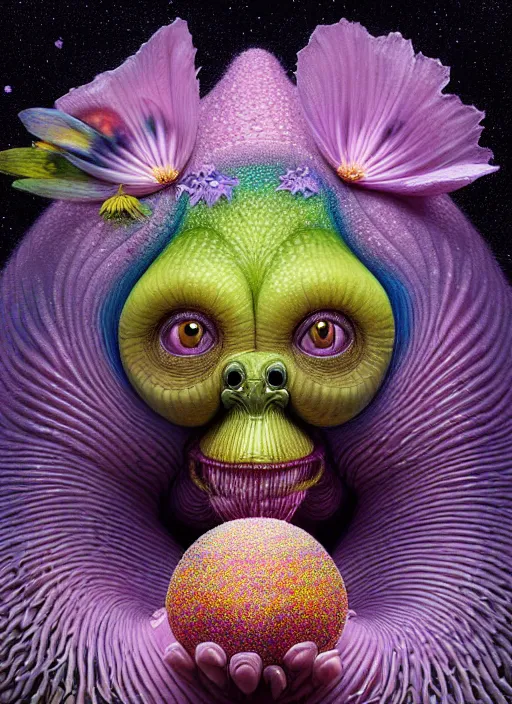 Prompt: hyper detailed 3d render like a Oil painting - kawaii portrait Aurora (a skeksis from dark crystal that looks slightly like an evil Anya Taylor-Joy) seen Eating of the Strangling network of yellowcake aerochrome and milky Fruit and His delicate Hands hold of gossamer polyp blossoms bring iridescent fungal flowers whose spores black the foolish stars by Jacek Yerka, Ilya Kuvshinov, Mariusz Lewandowski, Houdini algorithmic generative render, Abstract brush strokes, Masterpiece, Edward Hopper and James Gilleard, Zdzislaw Beksinski, Mark Ryden, Wolfgang Lettl, hints of Yayoi Kasuma, octane render, 8k