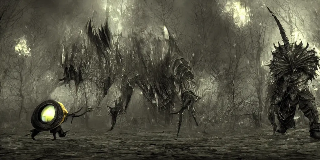 Image similar to minion as a darksouls boss, horror, hd, screenshot,