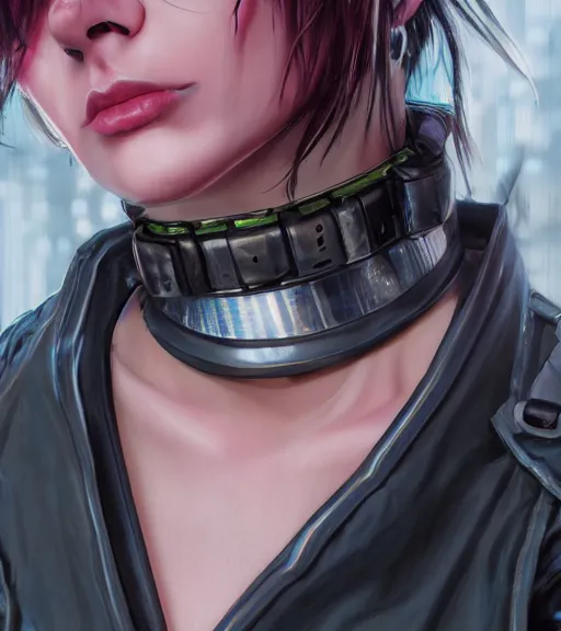 Image similar to detailed realistic female character cyberpunk wearing thick steel collar around neck, realistic, art, beautiful, 4K, collar, choker, collar around neck, punk, artstation, detailed, female, woman, choker, cyberpunk, neon, punk, collar, choker, collar around neck, thick collar, tight around neck, punk,