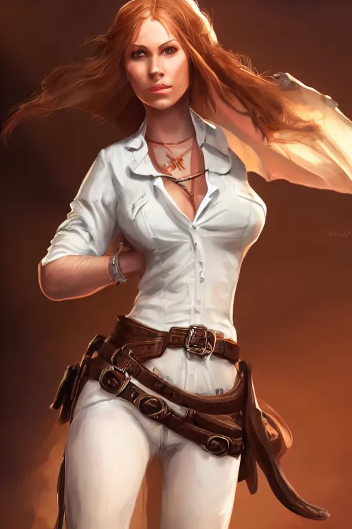 Image similar to full body, female cowgirl, perfect face, white blouse, holster, 8 k, magic the gathering, desert, d & d, artstation, high detail, smooth, sweaty