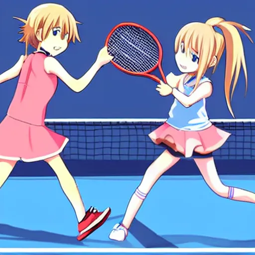 Prompt: two anime girls playing tennis