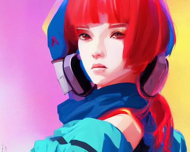 Prompt: poster woman with futuristic streetwear and hairstyle, colourful, cute face, anime eyes, dynamic portrait, intricate eyes, beautiful, elegant, Anime by Kuvshinov Ilya, Cushart Krentz and Gilleard James, 4k, HDR, Trending on artstation, Behance, Pinterest, award winning