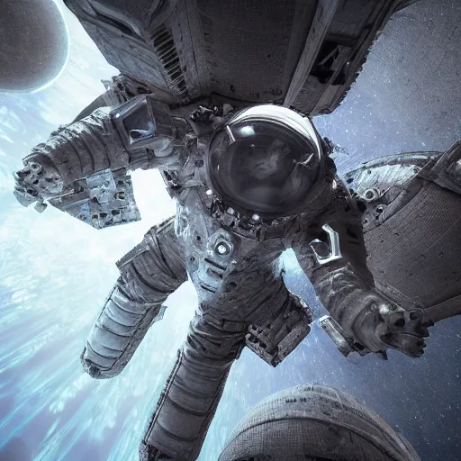 Prompt: concept art by craig mullins astronaut in futuristic dark and empty spaceship in infrared complex and hyperdetailed technical suit. mandelbulb fractal. reflection and dispersion materials. rays and dispersion of light. volumetric light. 5 0 mm, f / 3 2. noise film photo. flash photography. unreal engine 4, octane render. interstellar movie art