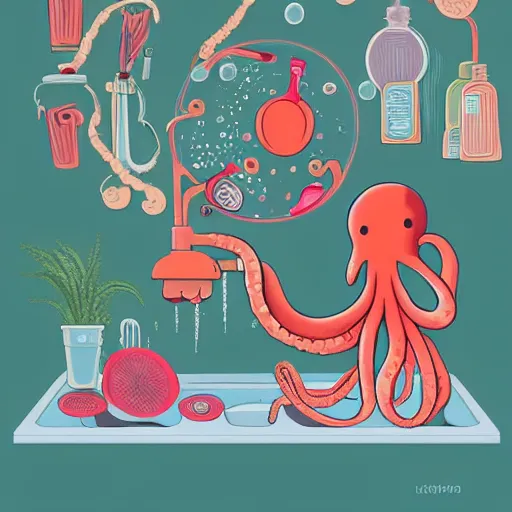 Prompt: octopus in kitchen, washing dishes, plates, sink, tap, water, bubbles, soap, plants, shelves, kitchen counter, window, gloves, full of color, trending on Artstation, illustration by James Jean, illustration by Loish Van Baarle, illustration by Ilya Kuvshinov, magical lights, daylight, bright