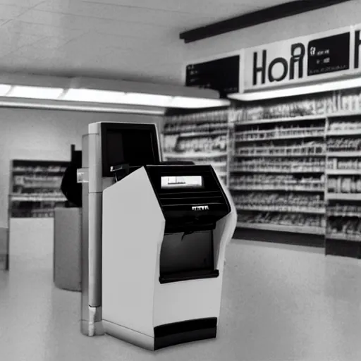 Prompt: ilford hp 5 digressive convenience store robo - cashier