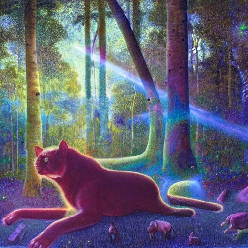 Prompt: psychedelic big cats hiding in the trees lush pine forest, outer space, milky way, designed by arnold bocklin, jules bastien - lepage, tarsila do amaral, wayne barlowe and gustave baumann, cheval michael, trending on artstation, star, sharp focus, colorful refracted sparkles and lines, soft light, 8 k 4 k