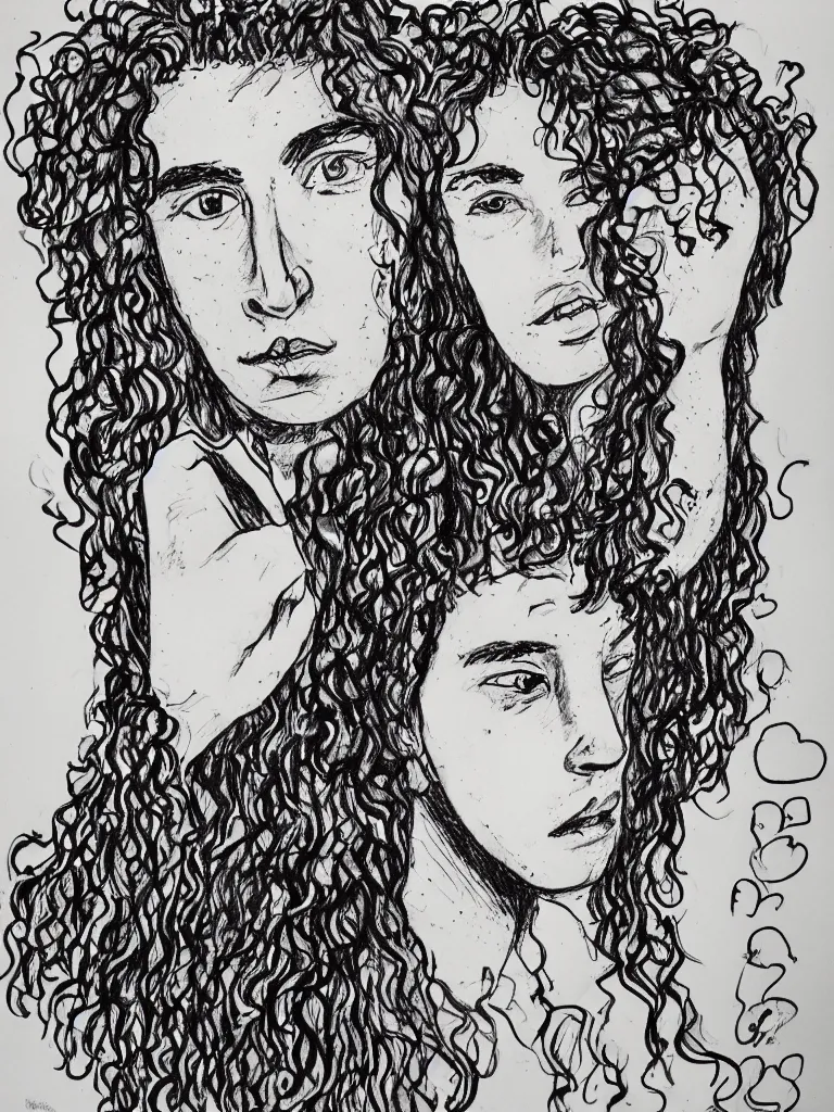 Prompt: portrait of a teenager with a big nose and curly black hair, hand drawn, ink and marker, by andrea pazienza