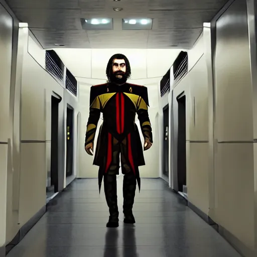 Prompt: a Klingon standing in a Star Trek Federation hallway,