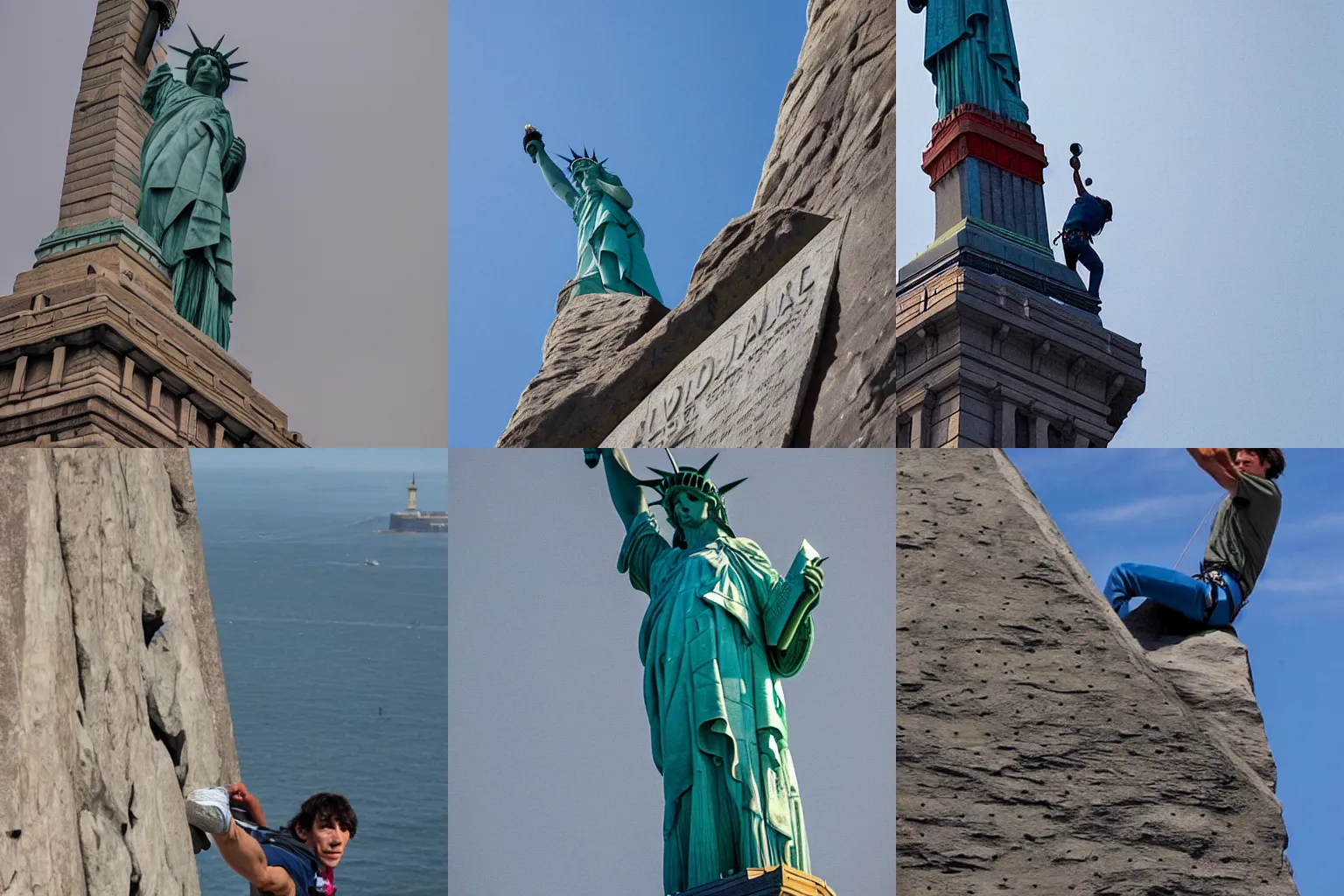 Prompt: Alex Honnold climbing on the statue of liberty without a rope