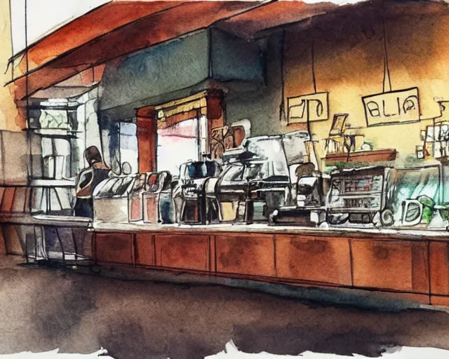 Image similar to a coffee shop smooth light color watercolor ink pen