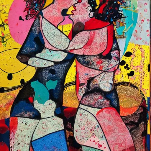 Prompt: two curvy women kissing at a carnival at dusk, mixed media collage, retro, paper collage, magazine collage, acrylic paint splatters, bauhaus, abstract claymation, layered paper art, sapphic visual poetry expressing the utmost of desires by jackson pollock