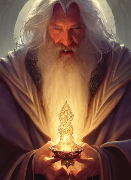 Image similar to dumbledore, d & d, fantasy, intricate, elegant, highly detailed, digital painting, artstation, concept art, matte, sharp focus, illustration, hearthstone, art by artgerm and greg rutkowski and alphonse mucha