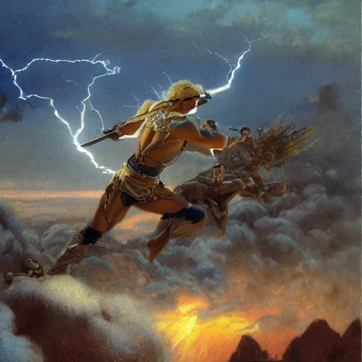 Prompt: a man with blonde hair shooting lightning bolts at his enemy in battle. detailed matte painting. masterpiece. 4 k. fantasy art. by gaston bussiere. derek zabrocki. ralph mcquarrie.