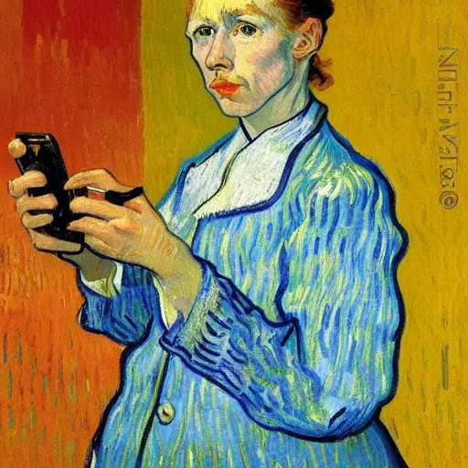 Prompt: a vivid portrait by van Gogh, she is holding a smartphone, oil on canvas, trending on artstation