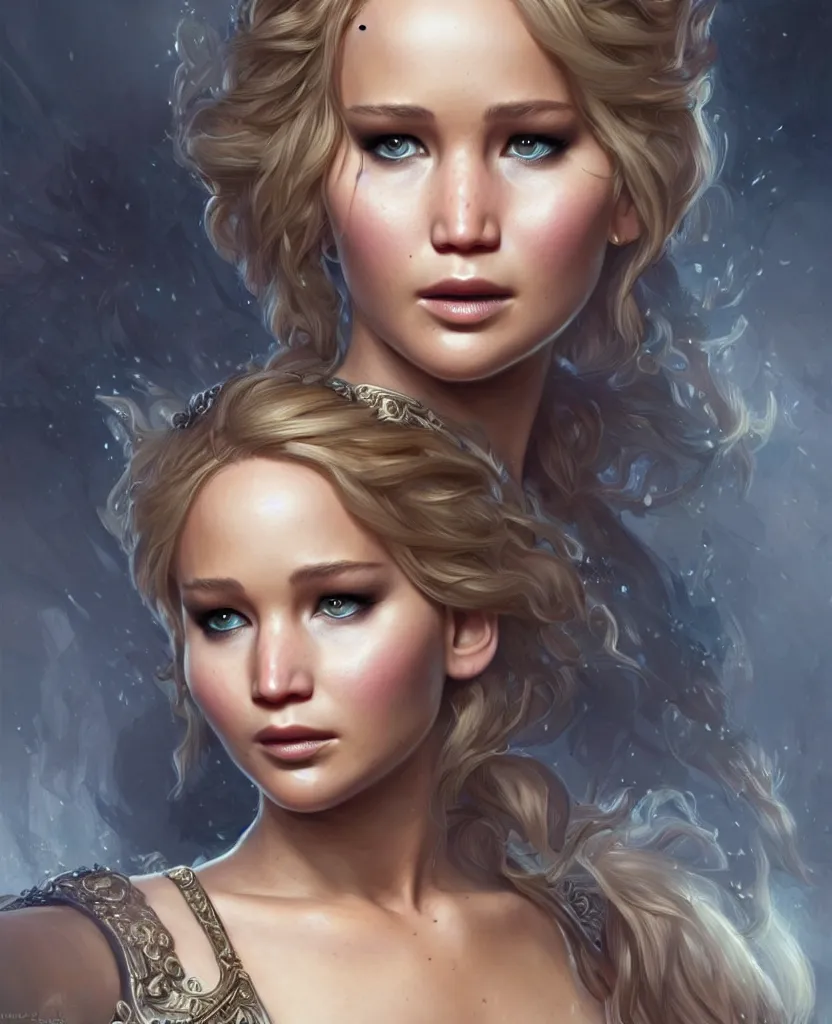 Prompt: Jennifer Lawrence, closeup, D&D, fantasy, intricate, elegant, highly detailed, digital painting, artstation, concept art, matte, sharp focus, illustration, hearthstone, art by Artgerm and Greg Rutkowski and Alphonse Mucha