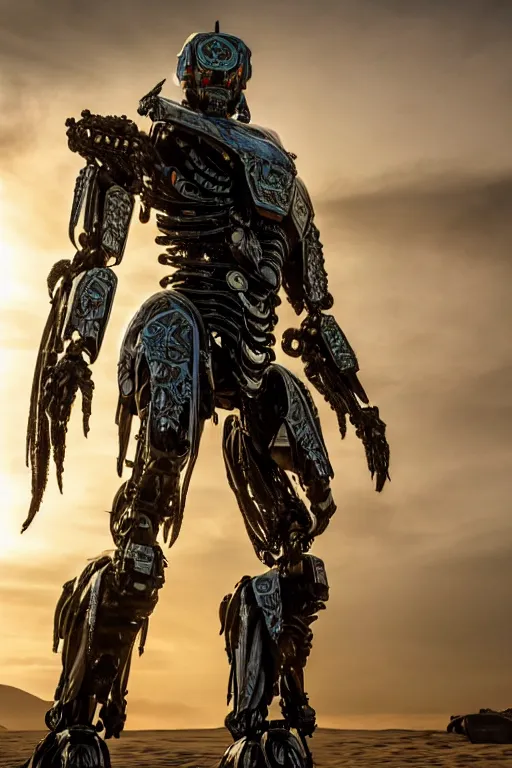 Image similar to cinematic still in westworld and dune movie and pacific rim movie and ps 5 game machine warrior 5, intricate ornate humanoid mecha warrior,