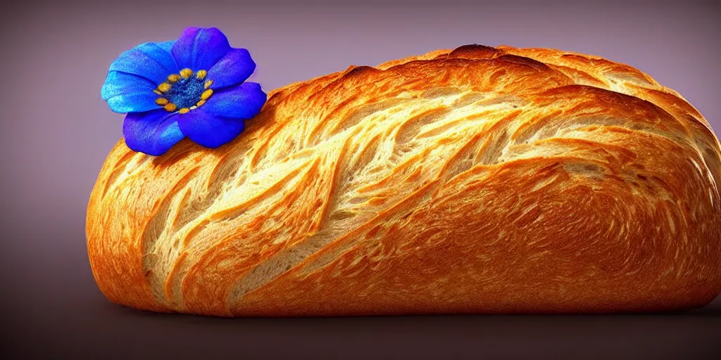 Prompt: epic professional digital art of a bread!!!!! toast!!!! wearing 👓 and a blue flower, best on artstation, cgsociety, wlop, cosmic, epic, stunning, much detail, much wow, masterpiece, backlight