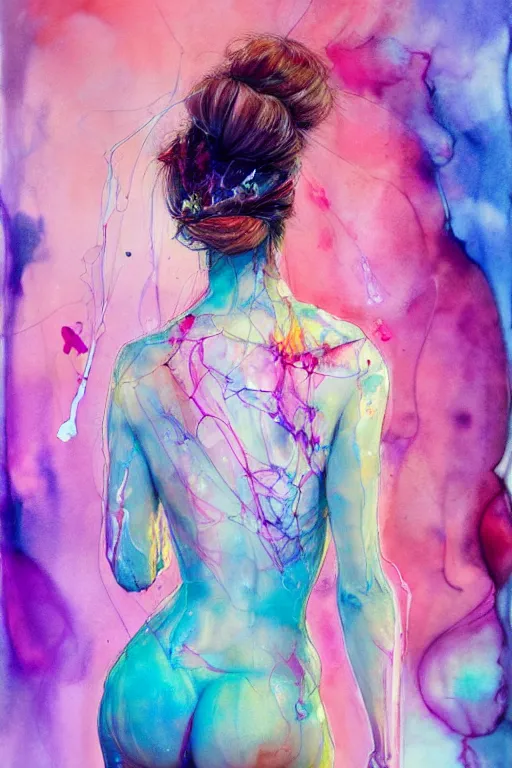 Image similar to sophia vergara by agnes cecile enki bilal moebius, intricated details, 3 / 4 back view, hair styled in a bun, bendover posture, full body portrait, extremely luminous bright design, pastel colours, drips, autumn lights