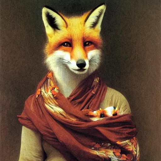 Image similar to A portrait of a fox in a scarf surrounded by flowers by William-Adolph Bouguereau, animal in a scarf, fox wearing a scarf