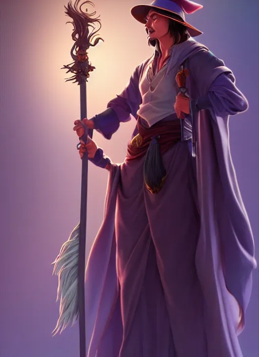 Prompt: elegant fantasy wizard based on johnny depp holding a broom natural lighting, path traced, highly detailed, high quality, digital painting, by don bluth and ross tran and studio ghibli and alphonse mucha, artgerm