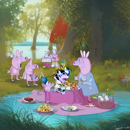 Prompt: Peppa Pig shares a picnic with the Moomins in front of the sea. The Moomins are very numerous and include Moomintroll and Moominpappa. Elegant, intricate, digital painting, artstation, concept art, smooth, sharp focus, illustration, art by artgerm and greg rutkowski and alphonse mucha