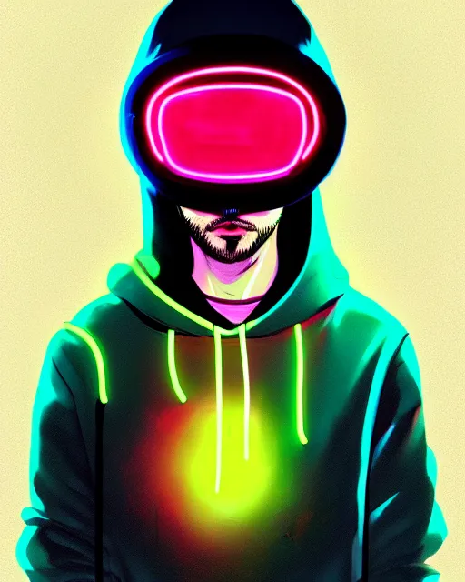 Image similar to edm art, pop art, hyper - realistic detailed portrait of a man in a hoodie, with neon visor, by atey ghailan, by greg rutkowski, by greg tocchini, by james gilleard, by joe fenton, by kaethe butcher, sharp focus