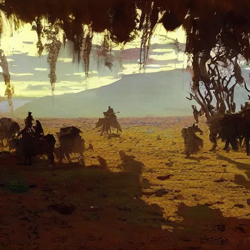 Image similar to earthy by frederic remington, by wadim kashin. the computer art is of a small village with a river running through it. in the distance, there are mountains. the sky is clear & the sun is shining.