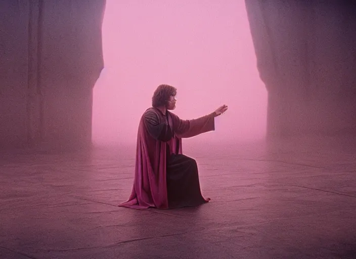 Image similar to Luke skywalker kneels before a strange jedi oracle, a mystic with infinite knowledge of time. in a foggy pink land. still from the 1983 film directed byalejandro jodorowsky. holy mountain, Photographed with Leica Summilux-M 24 mm lens, ISO 100, f/8, Portra 400