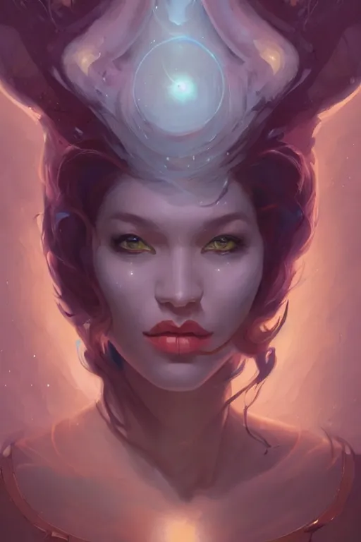 Image similar to stunning illustrated portrait of a beautiful woman from the Galaxy by peter mohrbacher, gcsociety, Boris Vallejo ,character concept, with a beautifully symmetrical face, trending on ArtStation, rule of thirds, trending on artstation, high quality print, fine art with subtle redshift rendering