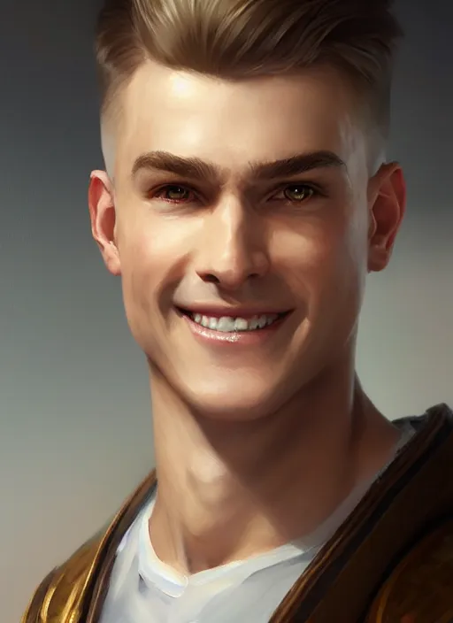 Image similar to a _ fantasy _ style _ portrait _ painting _ of white male short fringe light brown hair short head smiling clean shaven round face rpg dnd oil _ painting _ unreal _ 5 _ daz. _ rpg _ portrait _ extremely _ detailed _ artgerm _ greg _ rutkowski _ greg