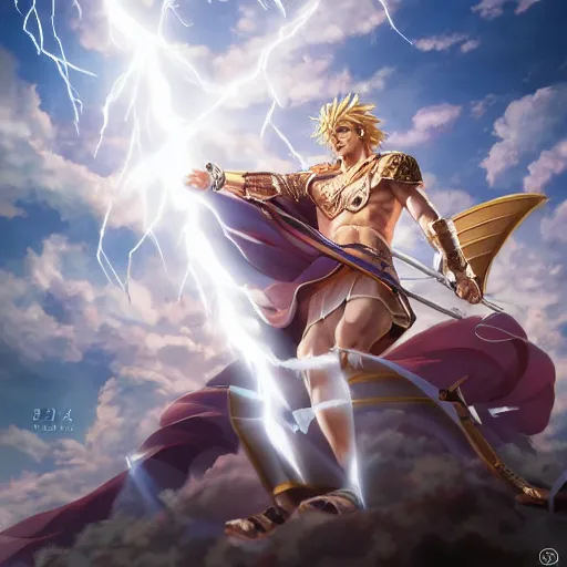 Prompt: full body art of alexander the great surrounded by the lightning pillar of zeus, anime fantasy illustration by tomoyuki yamasaki, kyoto studio, madhouse, ufotable, square enix, cinematic lighting, trending on artstation