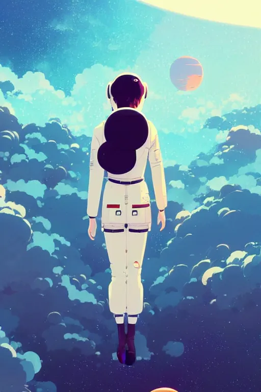 Image similar to poster of a female astronaut by ilya kuvshinov, cloudy sky background lush landscape ln illustration concept art anime key visual trending pixiv by victo ngai fanbox by greg rutkowski makoto shinkai takashi takeuchi studio ghibli